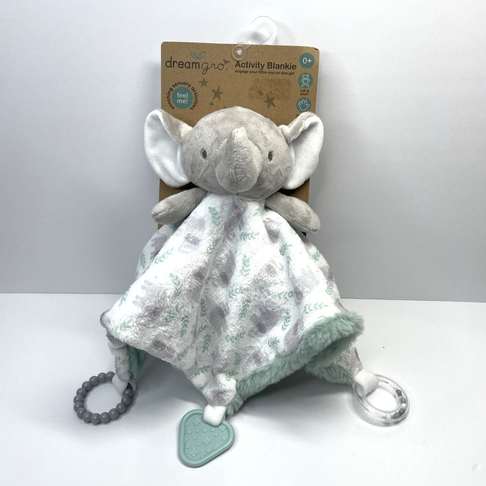 Dream Gro Elephant Activity Blankie Lovey Plush Security Blanket 14"‎ Rattle NWT